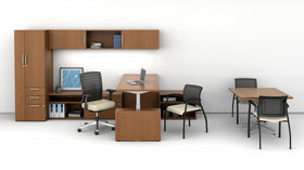 AIS Calibrate Casegood Small Private Office w/ Height-Adjustable Desk, Wardrobe, Storage & Guest Table