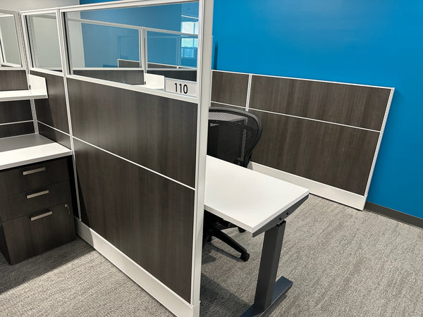 Beautiful condition AIS 7x7 workstations w/ ALL GLASS tops and sit/stand surfaces!