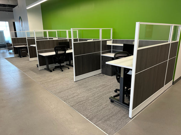 Beautiful condition AIS 7x7 workstations w/ ALL GLASS tops and sit/stand surfaces!