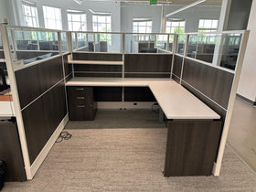 Beautiful condition AIS 7x7 workstations w/ ALL GLASS tops and sit/stand surfaces!