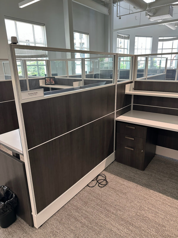 Beautiful condition AIS 7x7 workstations w/ ALL GLASS tops and sit/stand surfaces!