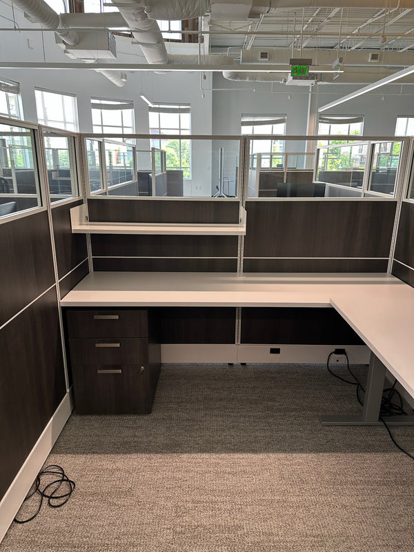 Beautiful condition AIS 7x7 workstations w/ ALL GLASS tops and sit/stand surfaces!